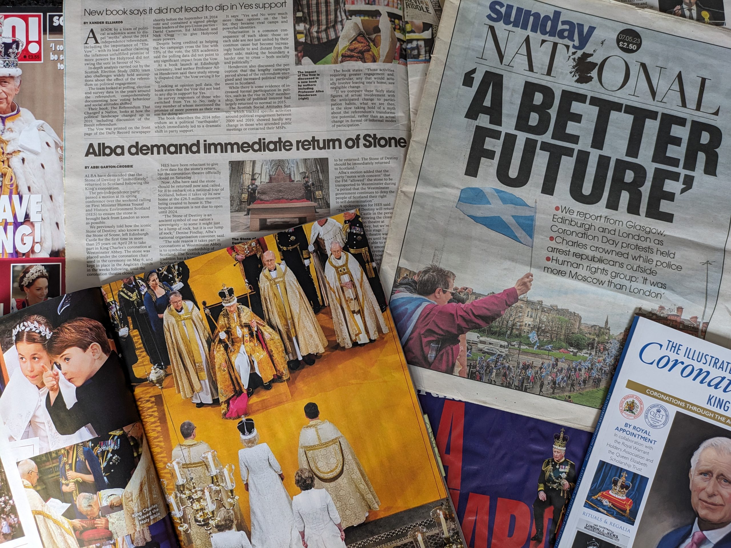 Photograph of miscellaneous newspapers and magazines that feature the Stone of Destiny / Stone of Scone